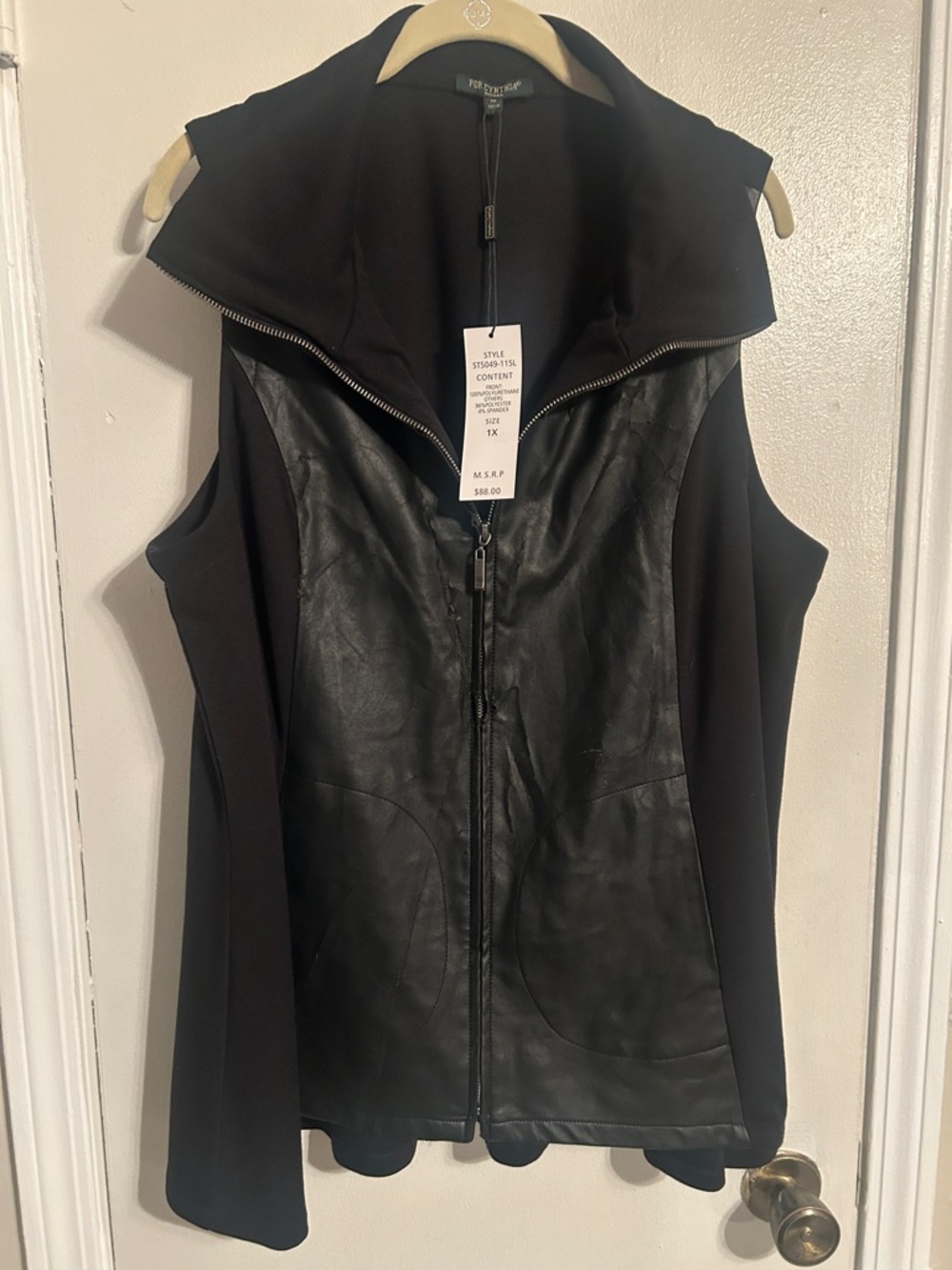 For Cynthia Black Faux Leather Front Vest with High Collar
